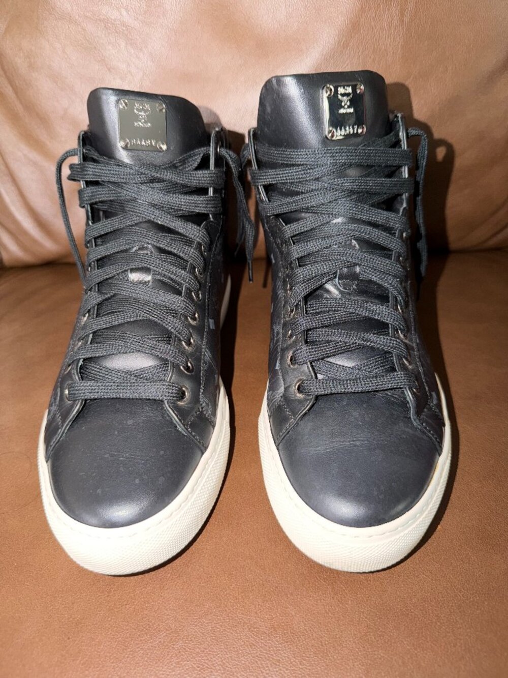 MCM Black Visetos High-Top Leather Sneakers - AUTHENTIC